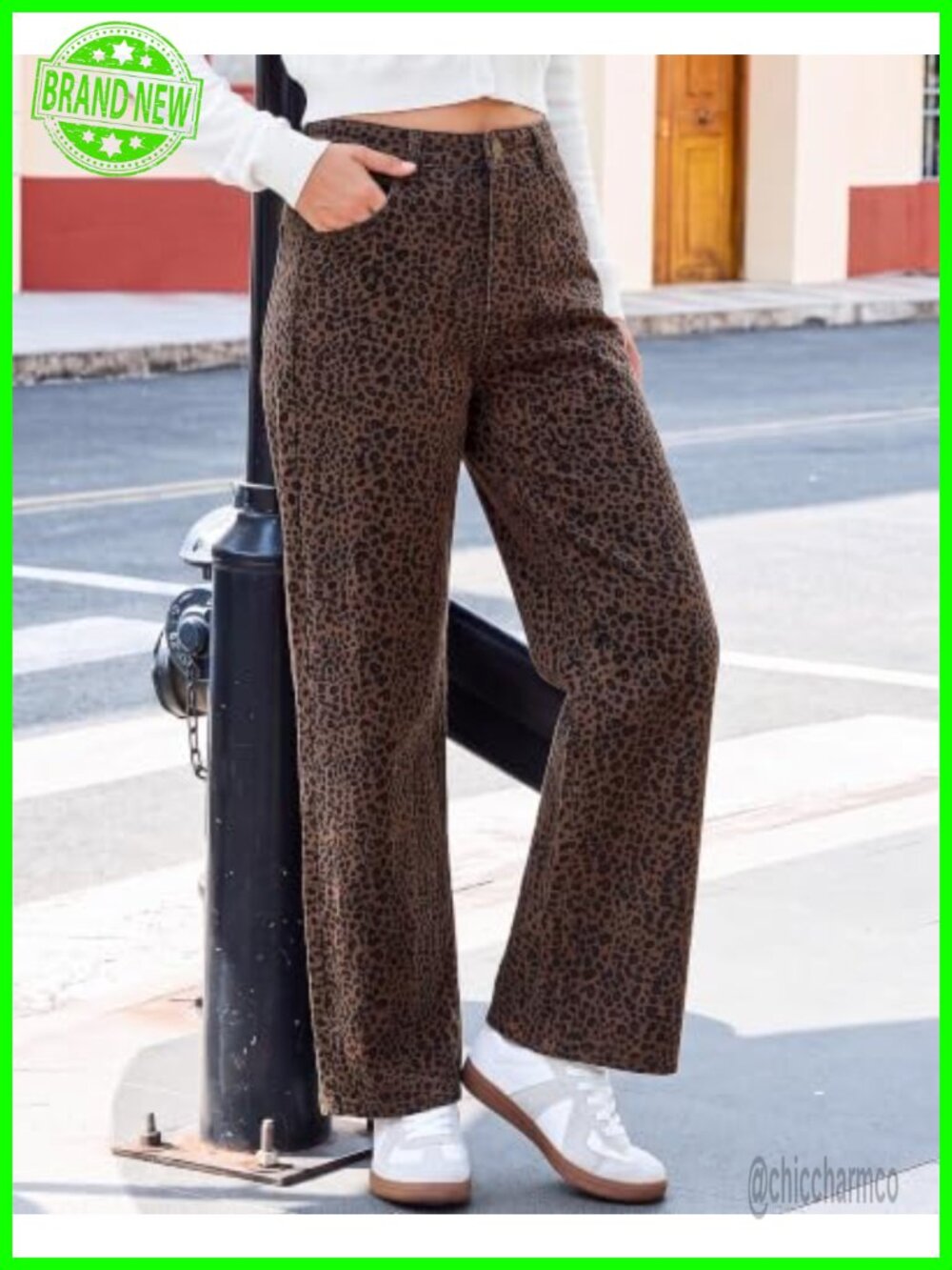 Womens Wide Leg High Waist Stretchy Leopard Print Jeans - Picture 3 of 6
